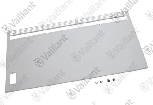 Vaillant Frontblech in grau mit Lüftungsschlitzen und Öffnung für Zugang. Im Vordergrund sind Befestigungselemente sichtbar.
